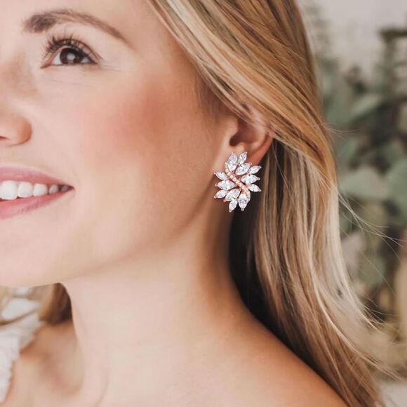 Rose Gold with White Diamond Cubic Zirconia Floral Leaf Post Back Stud Earrings - Picture 4 of 5